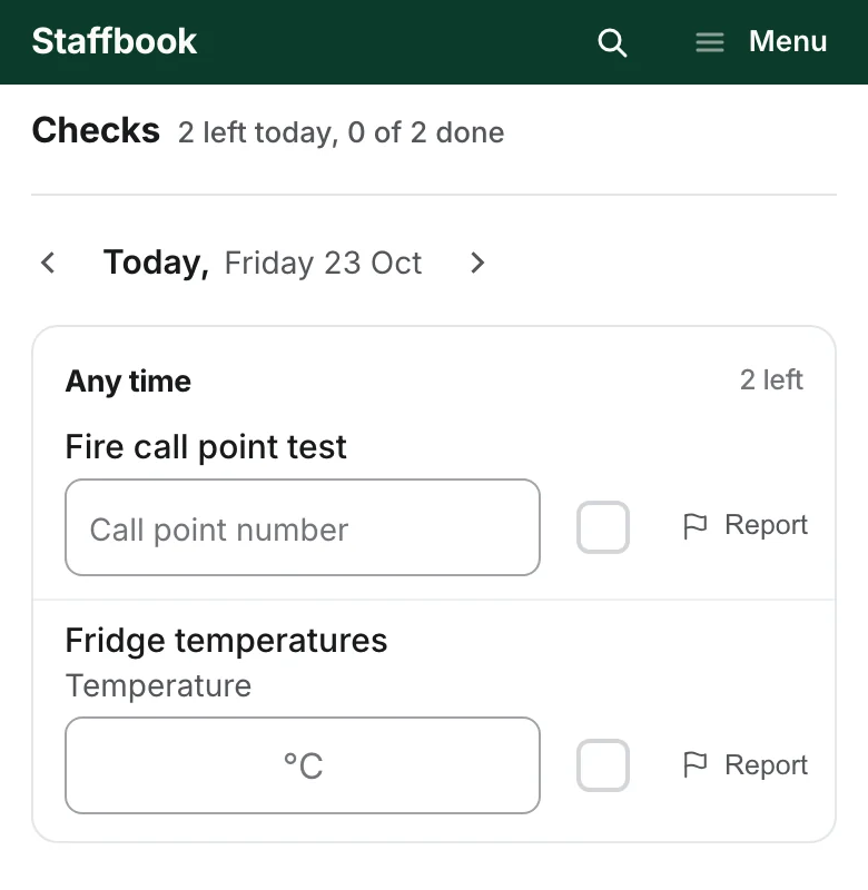 Today's checks on a phone: a fire call point test and fridge temperatures, each with a box to tick.
