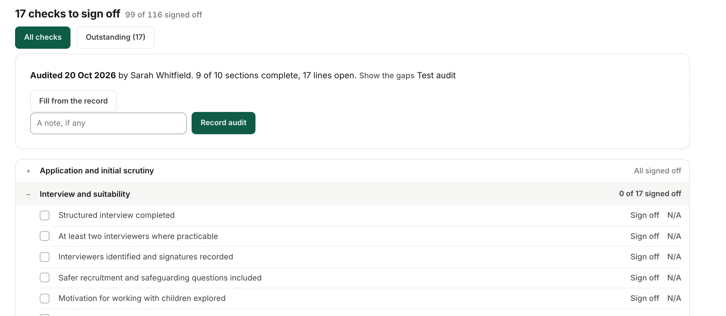 Safer recruitment checks for one person: 17 checks to sign off, grouped by section, each with its own Sign off button.