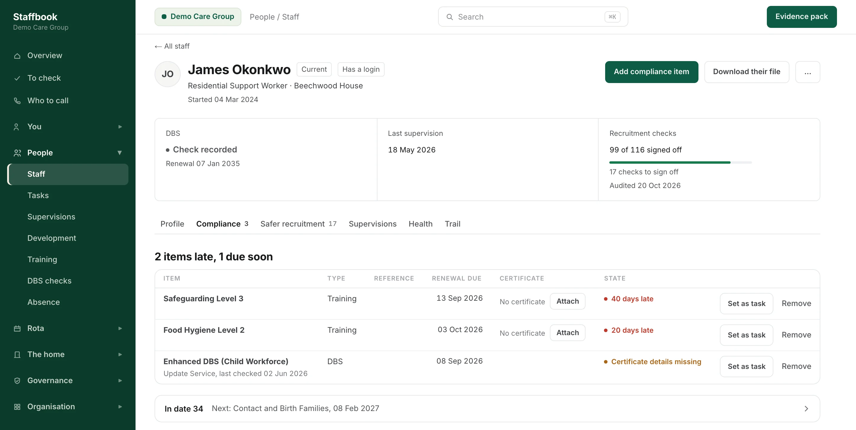A staff file in Staffbook: James Okonkwo, with two training items late, one DBS detail missing, and 34 items in date.